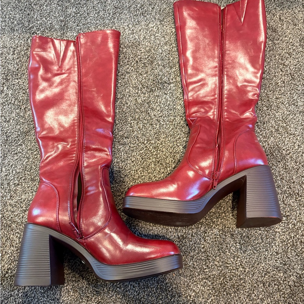 Red Leather Knee-High Boots